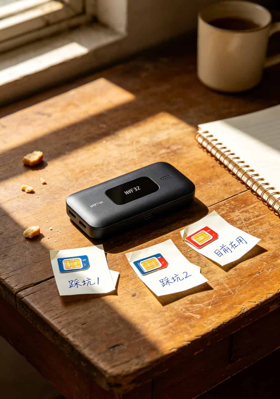 一台中兴随身WiFi,配上19块套餐流量卡,我折腾了一年才弄明白(附避坑指南) 中兴随身WiFi和几张流量卡摆在一起的照片,手写标签标注“踩坑1”“踩坑2”“目前在用”