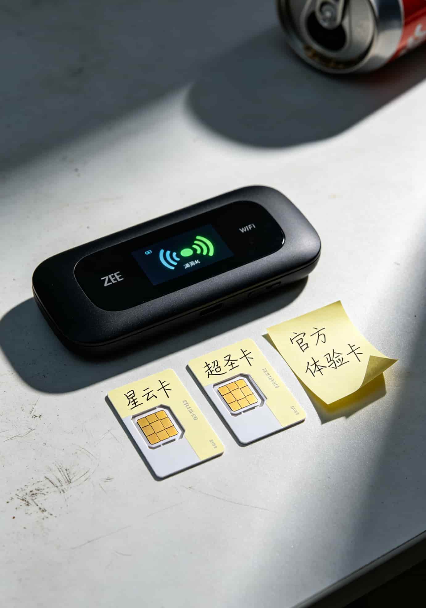 一台中兴随身WiFi,配上19块套餐流量卡,我折腾了一年才弄明白(附避坑指南) 三张流量卡并排放在中兴随身WiFi旁边,用标签纸写着“星云卡”“超圣卡”“官方体验卡”