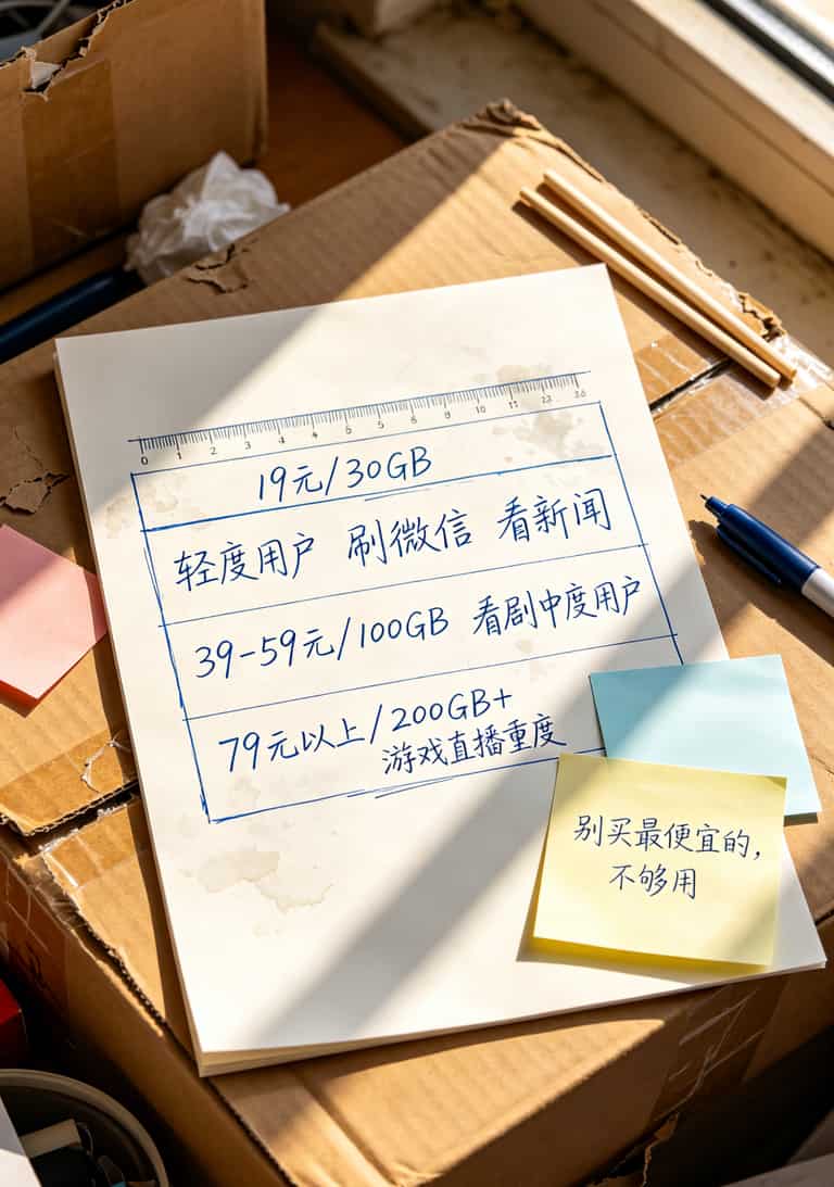 不同月租档次套餐流量对比表，标注适合人群