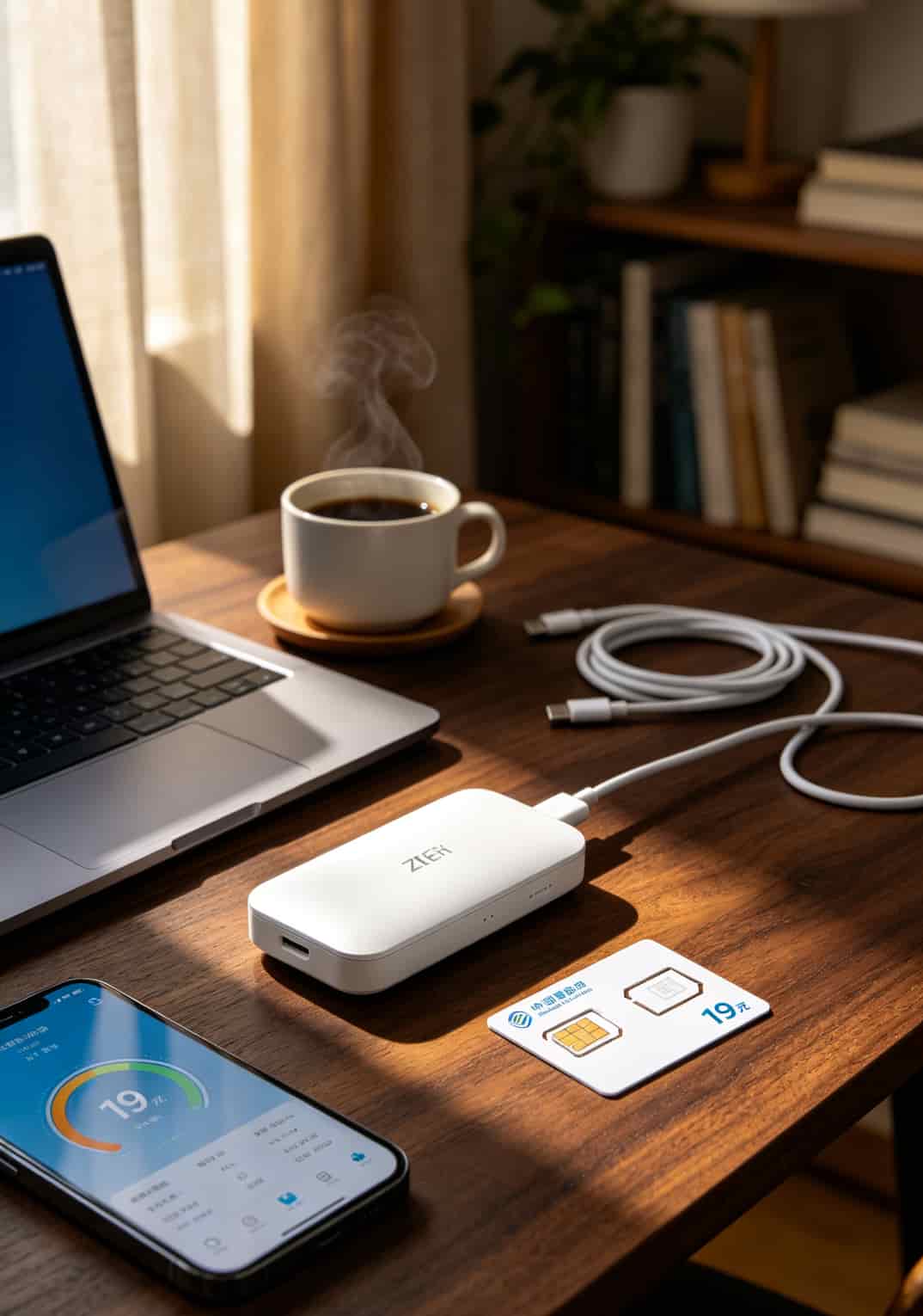 19元的移动流量卡配上中兴随身WiFi,我劝你想清楚再买(实测6张卡的真心话) 中兴随身WiFi设备与19元的移动流量卡摆放在桌面上,旁边有手机和笔记本