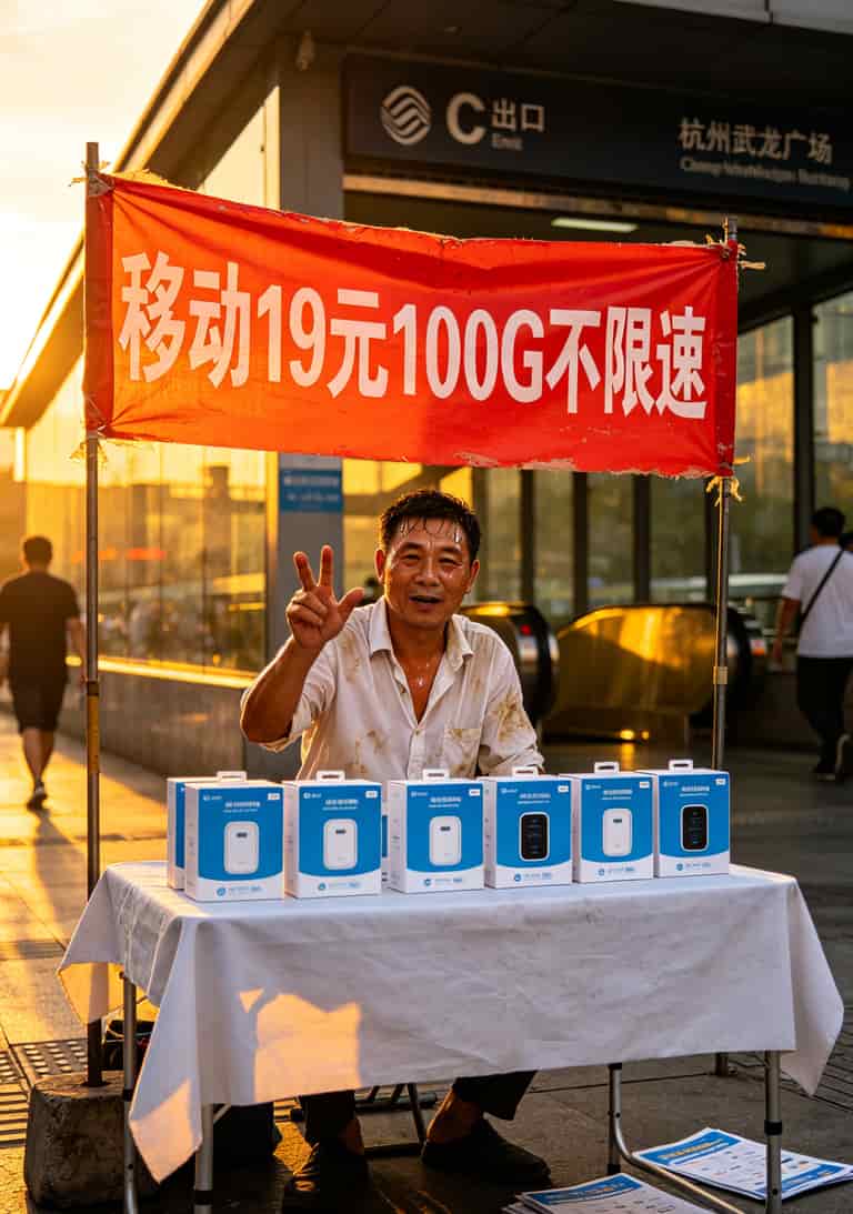 为了省几十块钱,我跑遍杭州8家营业厅踩了6次坑(附19元不限速流量卡+随身WiFi终极避坑指南) 作者在杭州武林广场地铁站口拍的一张随身WiFi摊贩照片,红色横幅写着“移动19元100G不限速”