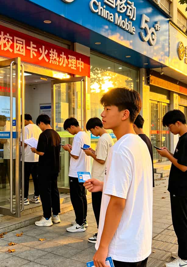 2020年最划算的流量卡移动实测:月租19拿80G通用+30G定向,亳州学生这样办 亳州魏武大道移动营业厅门口学生排队办卡场景