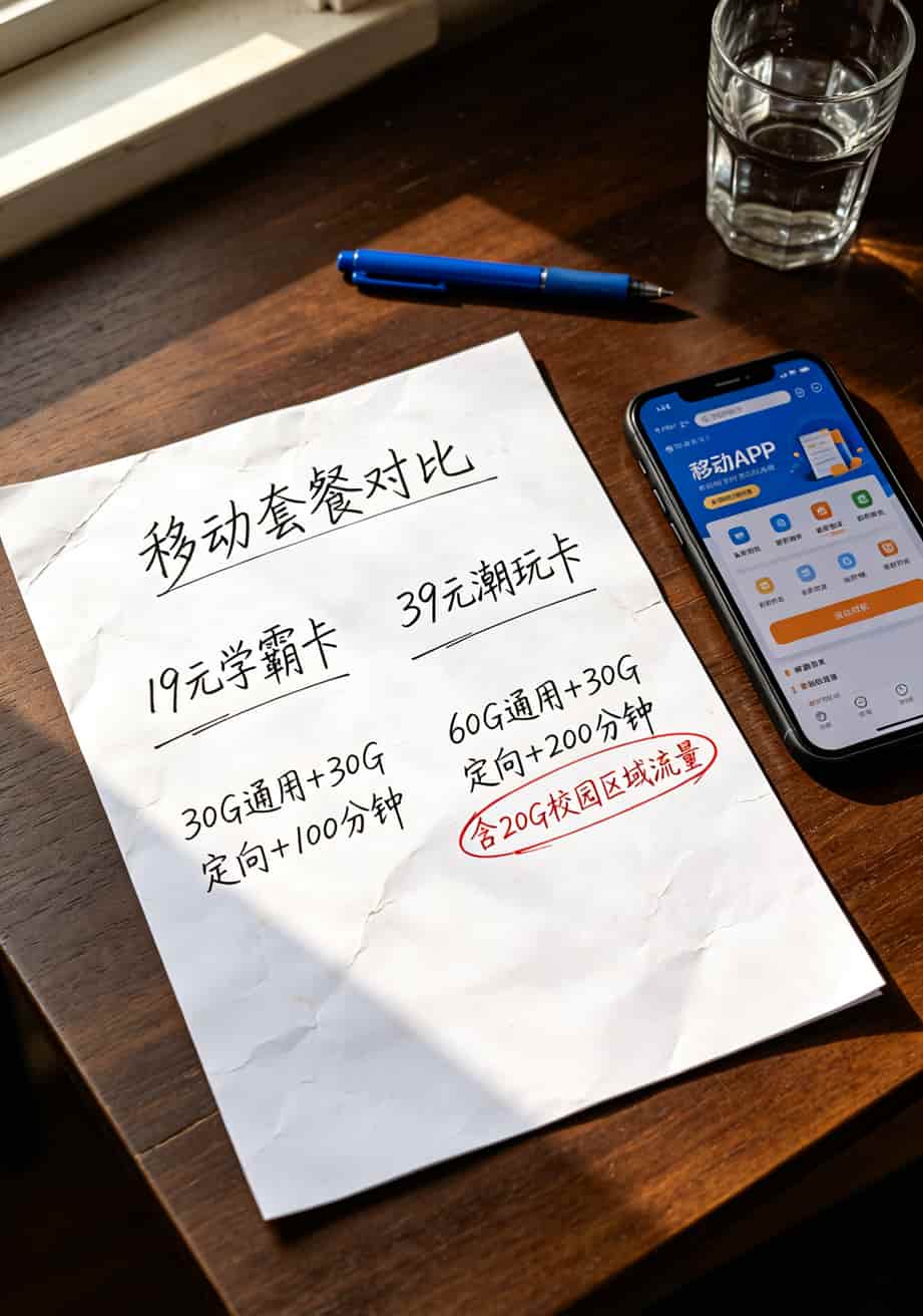 2020年最划算的流量卡移动实测:月租19拿80G通用+30G定向,亳州学生这样办 移动校园卡套餐对比表格,19元档和39元档核心差异