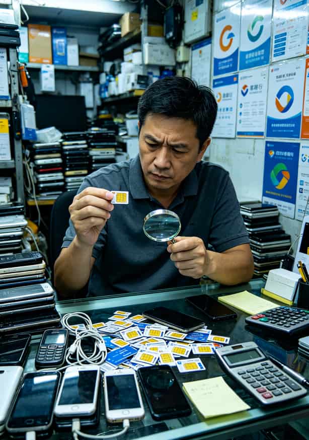 2021年流量卡别乱扔!实测5张老卡,这3种留这2种扔 中关村二手卡贩子正在翻看流量卡,桌上摆着各种SIM卡