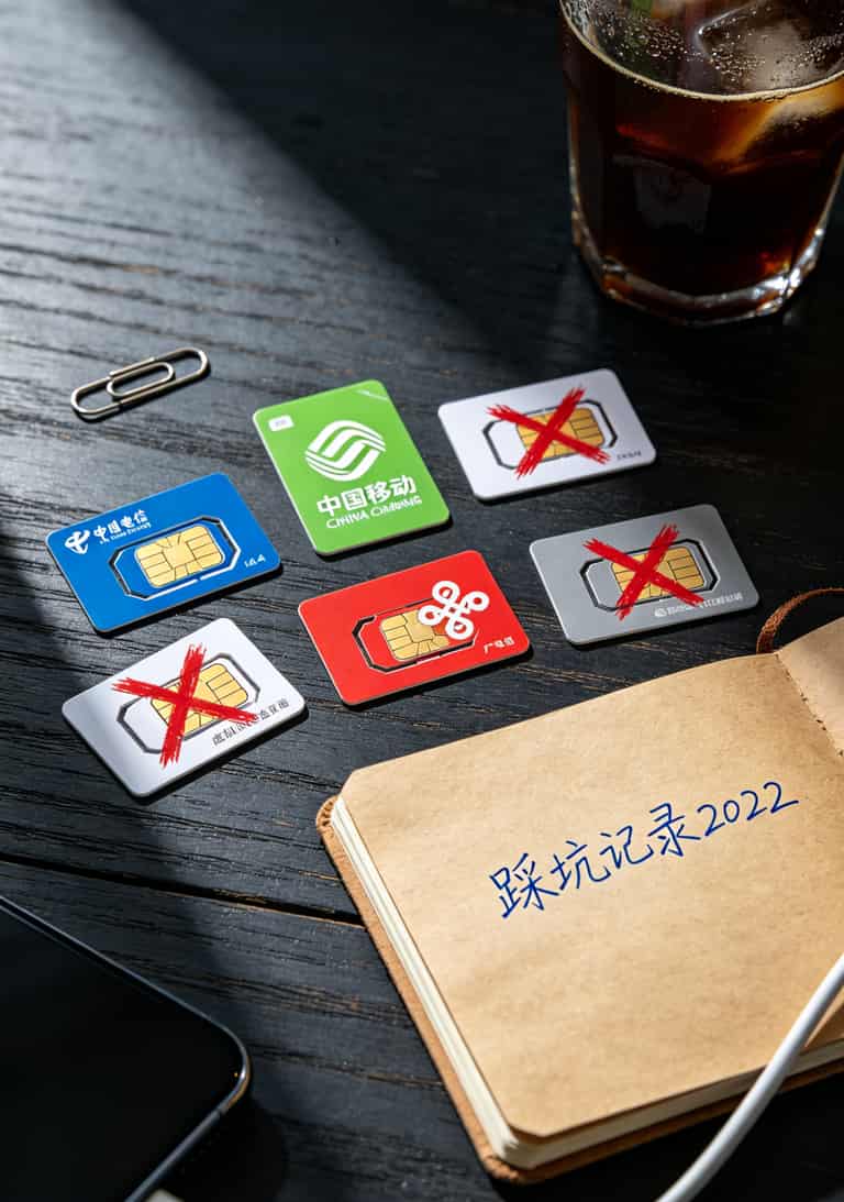 2022年最划算的流量卡,别再被直播间忽悠了,我踩6张卡告诉你哪张真能省 六张不同运营商的流量卡摆在一起,其中三张被划了红叉,旁边有个笔记本写着“踩坑记录”