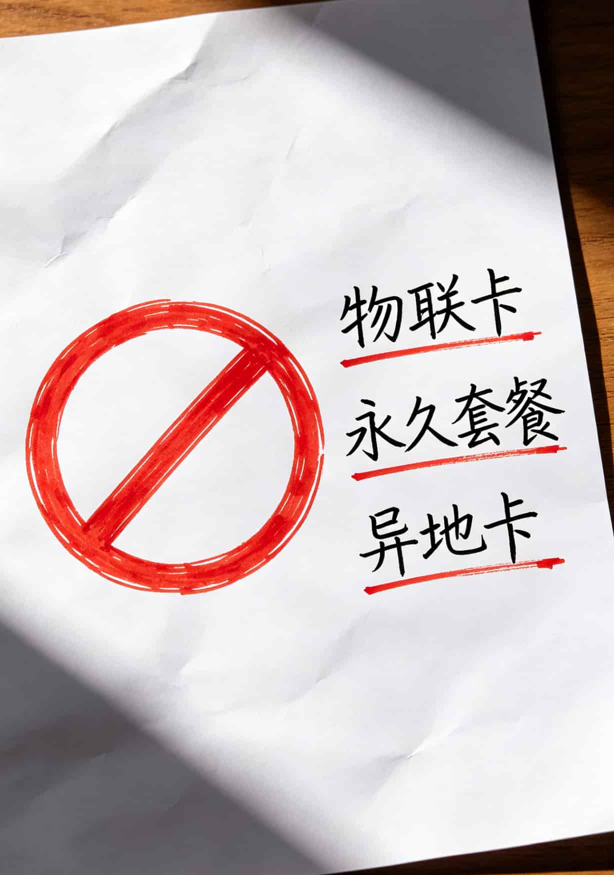 一张红色的“禁止”符号，旁边写着“物联卡”“永久套餐”“异地卡”三个词