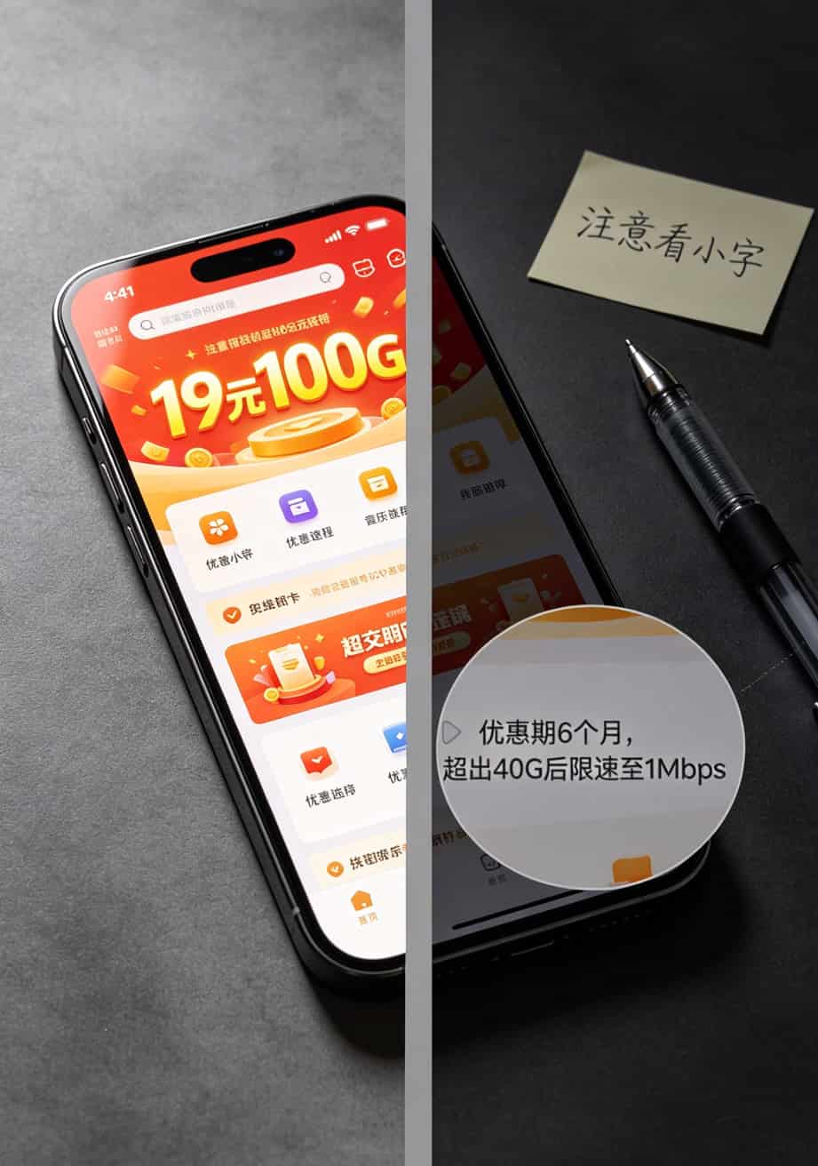 两张套餐详情页的对比截图，一张是宣传大标题，一张是底部小字放大