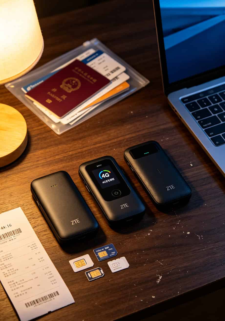 实测了十几款,2022最好用的流量卡其实是这套组合拳 2022最好用的流量卡实测对比现场,多款中兴随身WiFi和流量卡摆放在桌面上