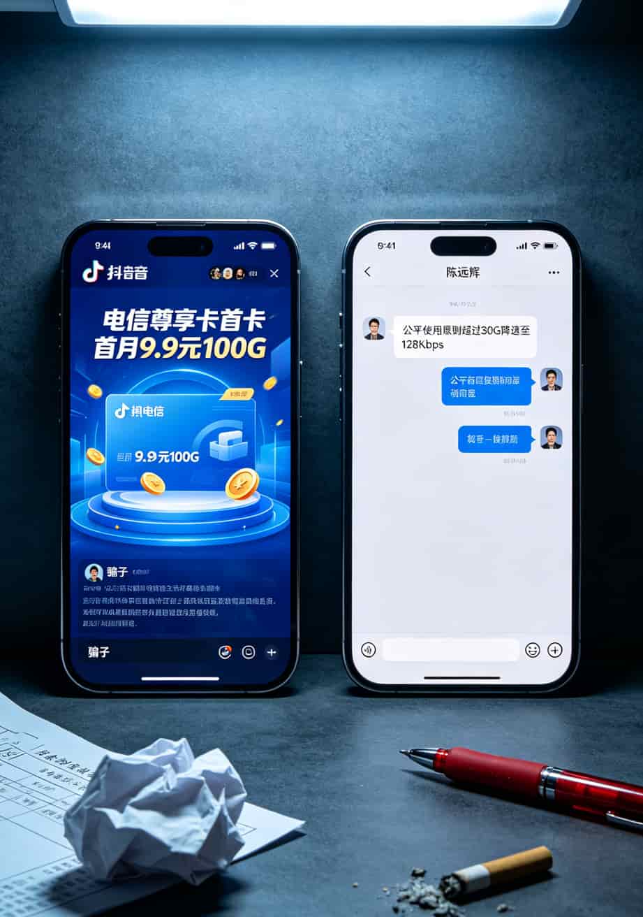 2023流量卡推荐|卖八年随身WiFi的阿强,把心里话全抖出来了 抖音“9.9元100G”广告截图与用户投诉聊天记录