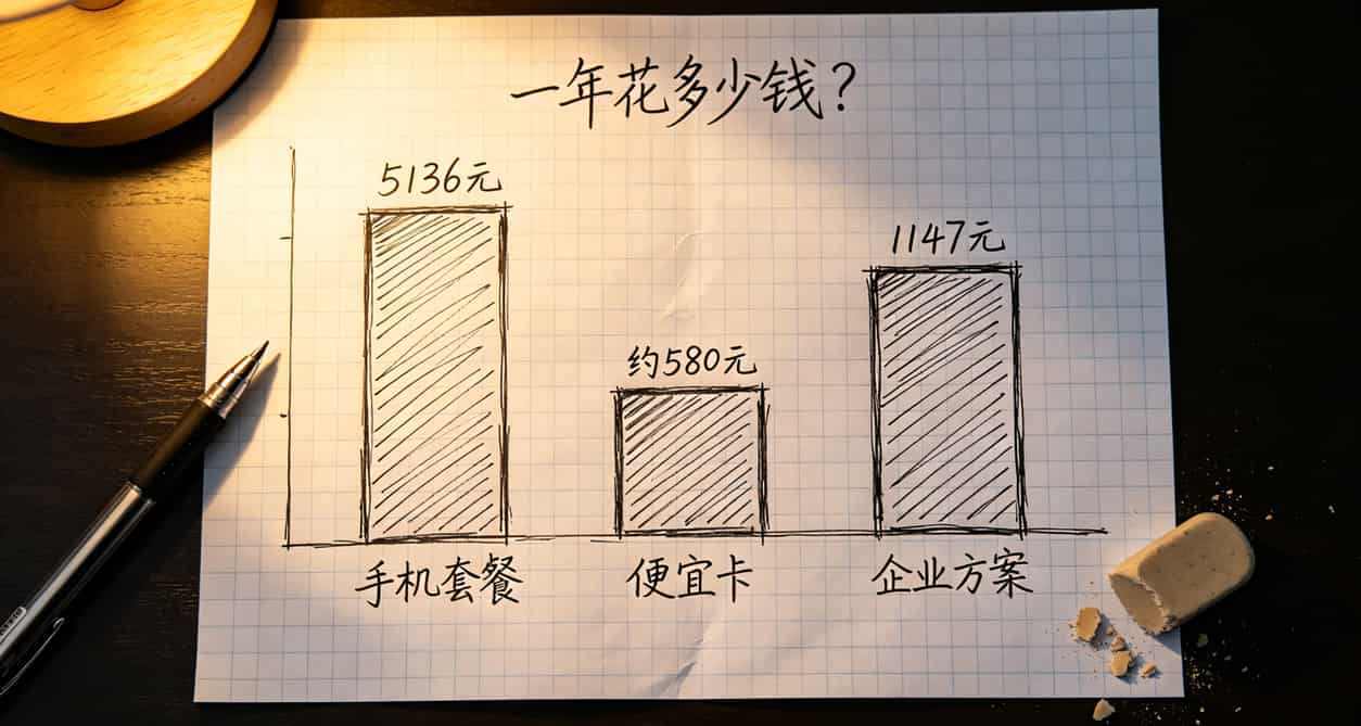 2023什么流量卡好?实测4台设备花了1800,最后留这台(附避坑清单) 一年费用对比柱状图:手机套餐5136元,便宜卡方案580元,企业方案1147元