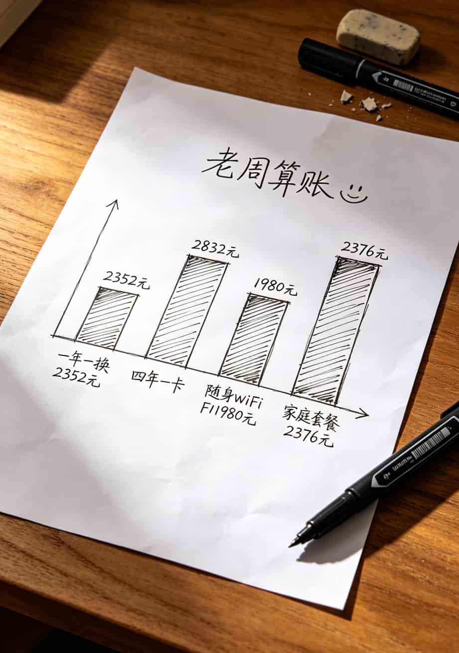 2024公认最好的流量卡是哪张?我踩了三次坑才找到答案 四种流量方案四年总成本对比柱状图,显示随身WiFi方案最省钱