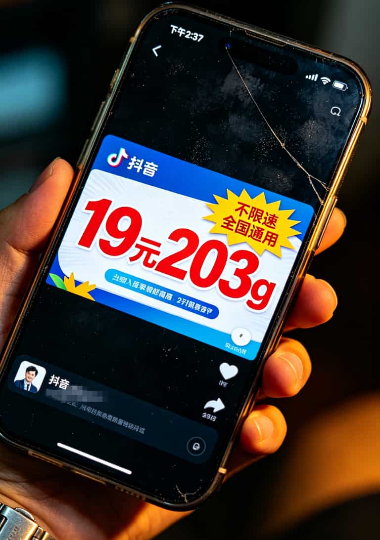 203g流量卡是真的吗?我买了8张卡踩了5个坑,账单给你看 抖音上19元203g流量卡广告截图,突出夸张宣传语