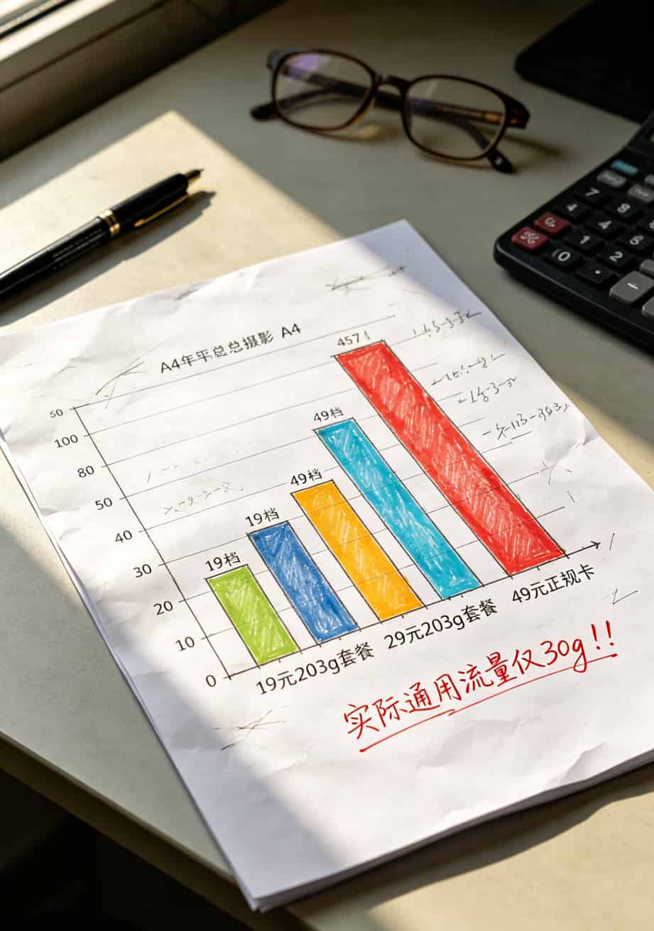 203g流量卡是真的吗?我买了8张卡踩了5个坑,账单给你看 三种套餐年度费用对比柱状图,19元档明显畸高
