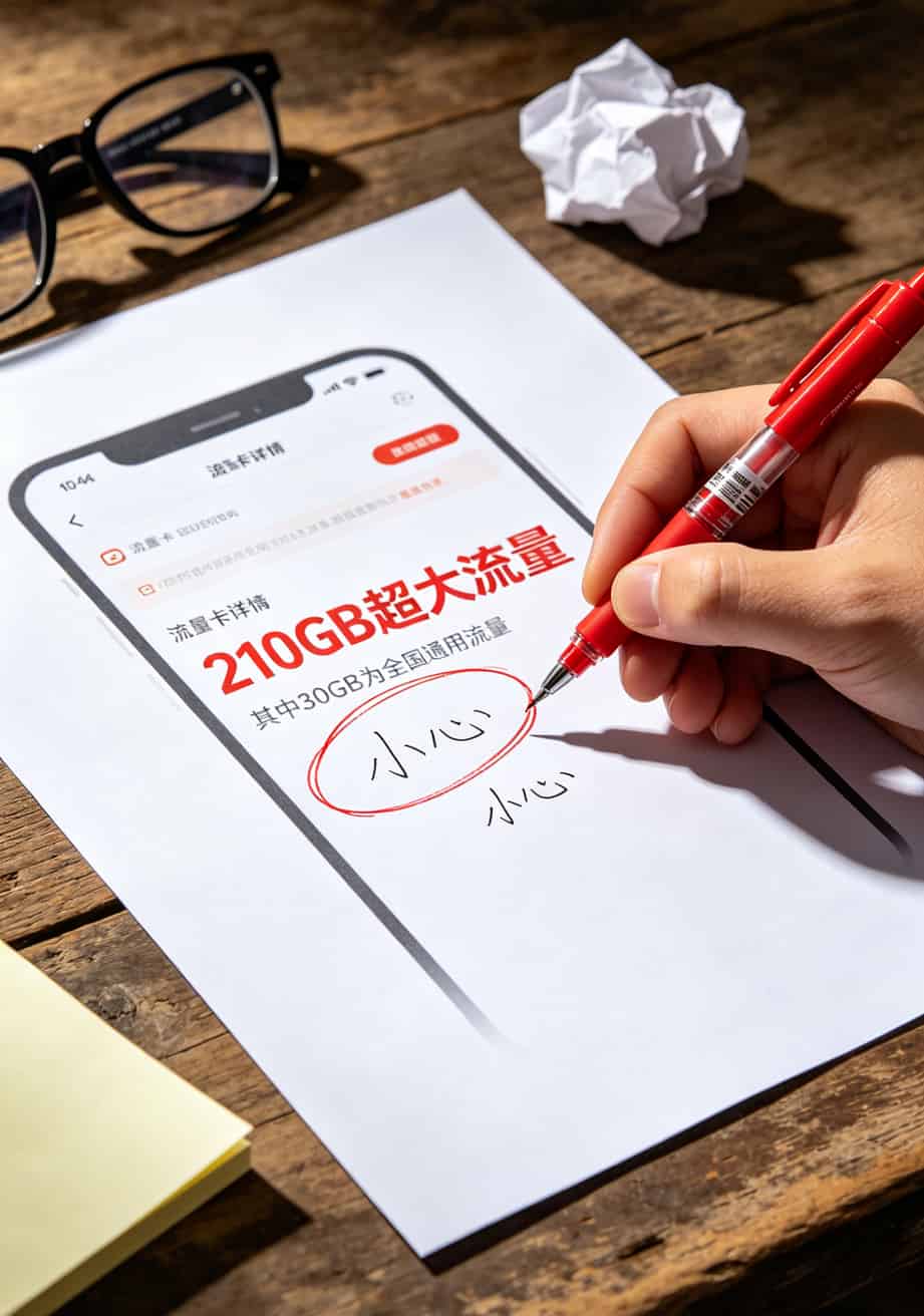 210g流量卡是真的吗?我跟中兴随身WiFi较劲3年,答案写在前面:**数字不假,但你用得上的可能不到零头** 流量卡套餐详情页小字截图,通用流量30g被红笔圈出,旁边写了“小心”两个字