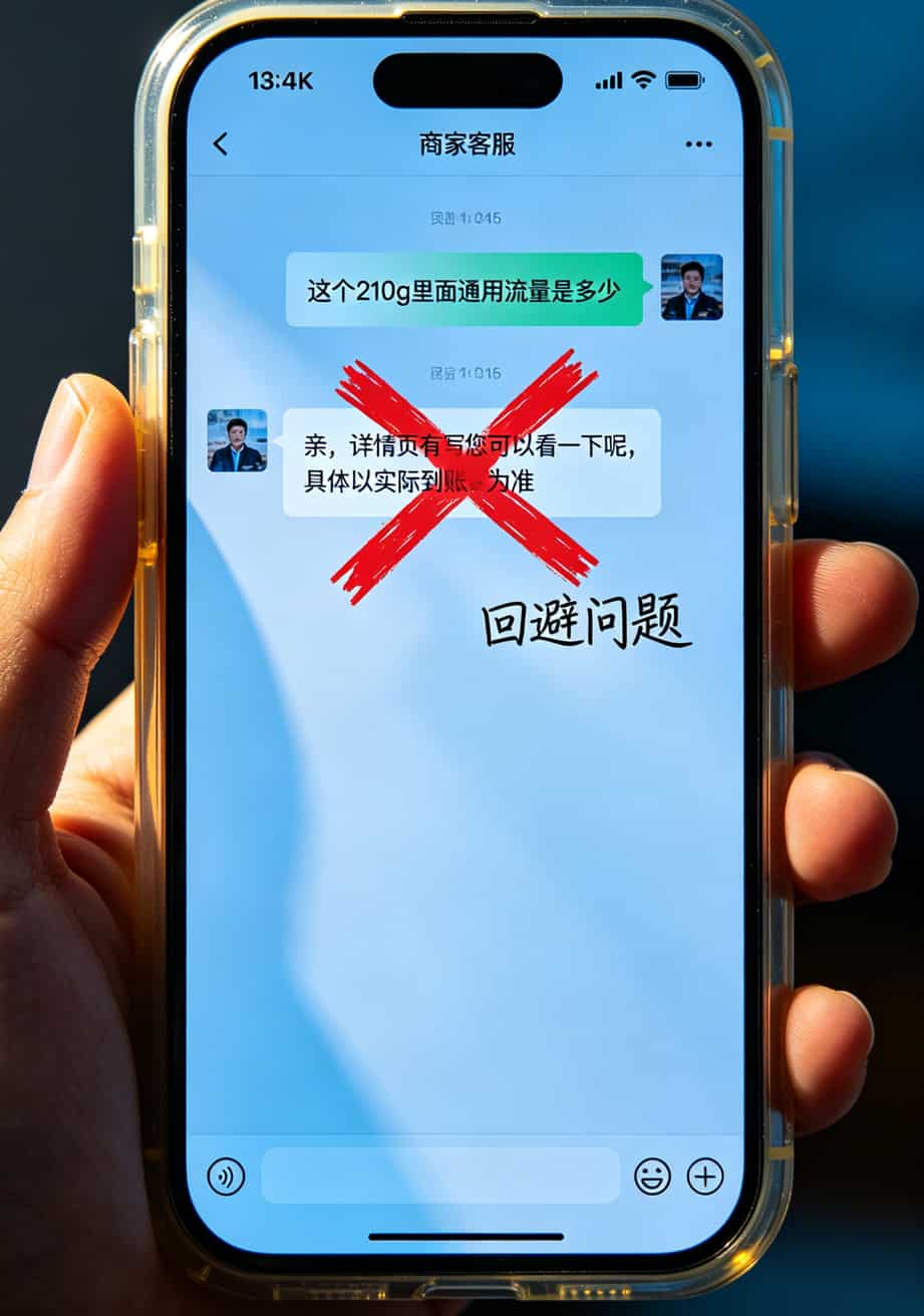 210g流量卡是真的吗?我跟中兴随身WiFi较劲3年,答案写在前面:**数字不假,但你用得上的可能不到零头** 客服聊天记录截图,客服回复“详情页有写您可以看一下”,被红叉划掉