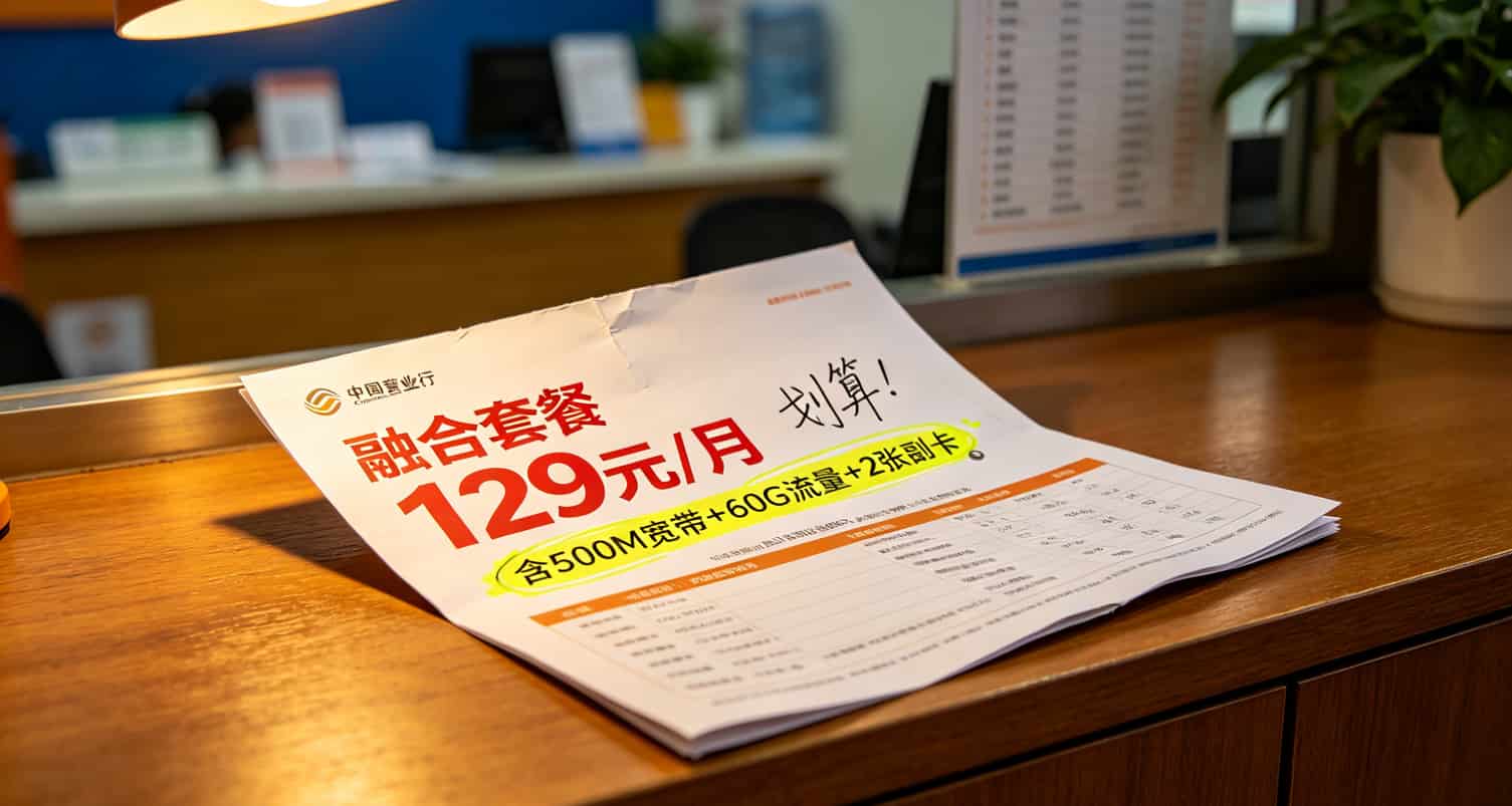 24g流量卡真的能省出两杯奶茶钱?我踩了398块的坑才敢写这篇 运营商营业厅套餐宣传单页,重点标注融合套餐优惠