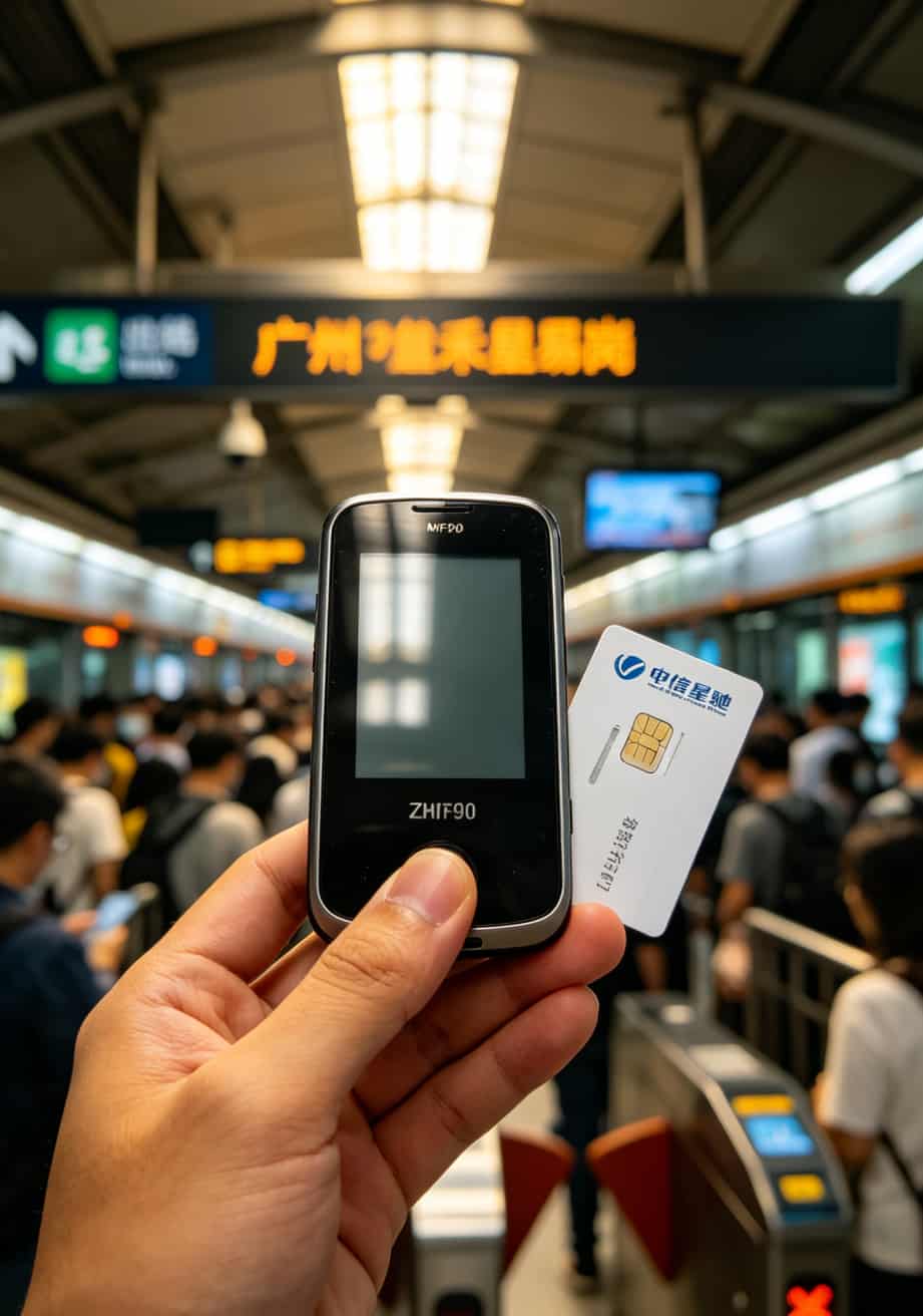 29元流量卡推荐配中兴随身WiFi,踩坑一整年换来的真心话:这3款能买 阿杰手拿中兴MF90随身WiFi和电信星驰卡,背景是广州嘉禾望岗地铁站