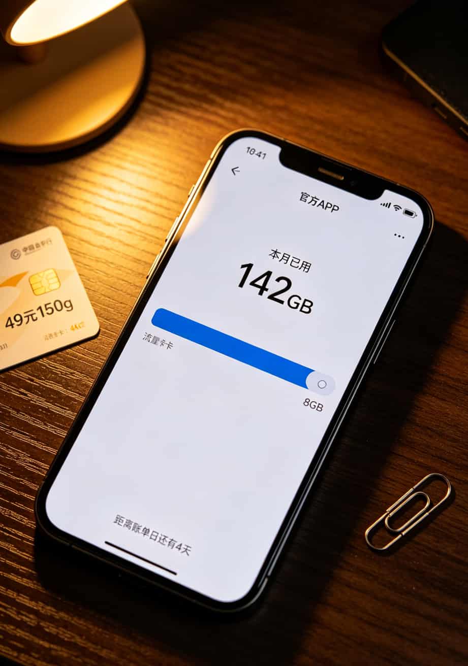 49元150g流量卡配啥随身WiFi?我在信号烂的地方蹲了三年,答案全在这 手机APP流量统计截图,显示本月已用142GB,剩余8GB,距离结算日还有4天