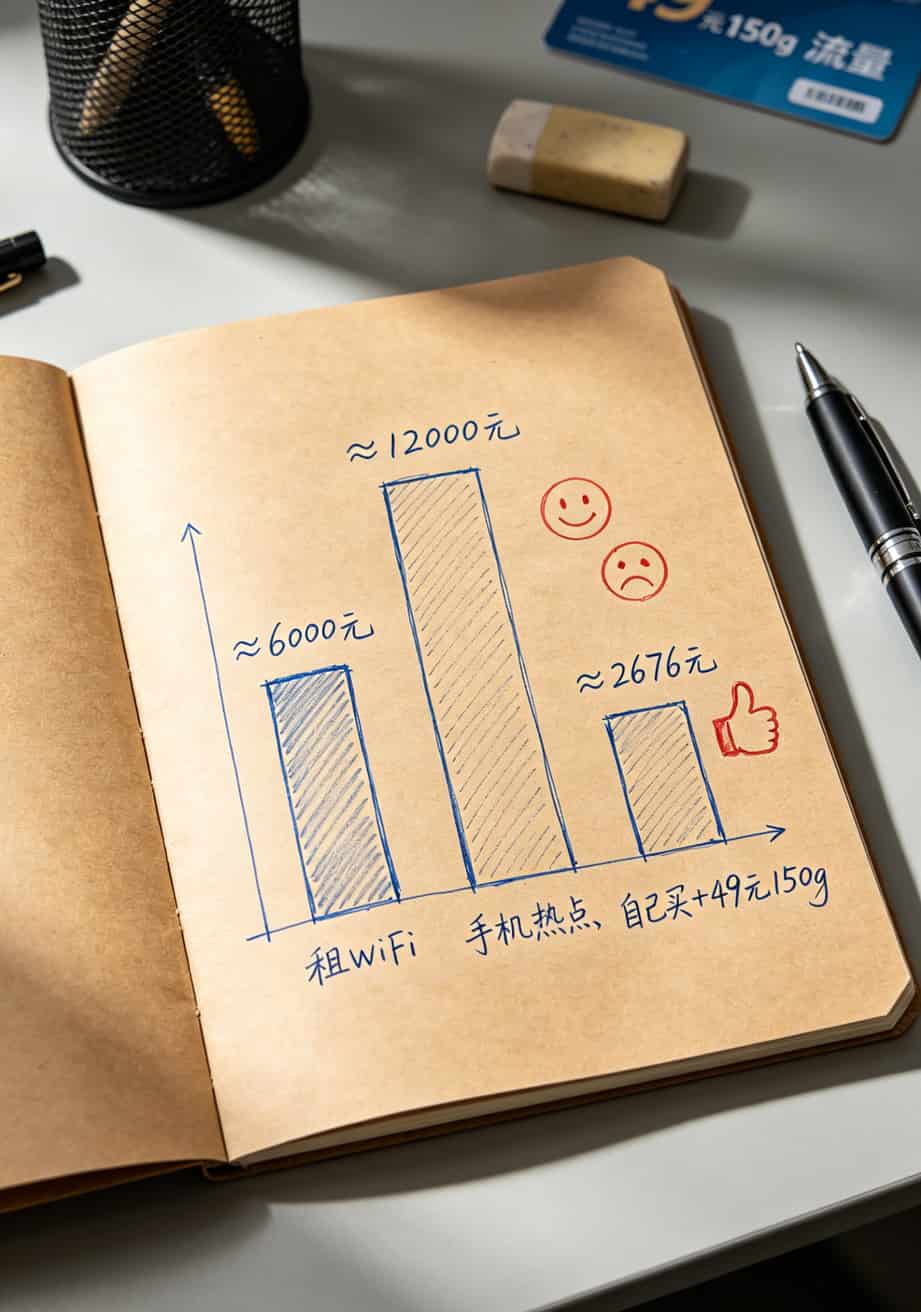 49元150g流量卡配啥随身WiFi?我在信号烂的地方蹲了三年,答案全在这 两年三种方案花费对比柱状图,租借6000元,手机热点约12000元,自购方案约2676元