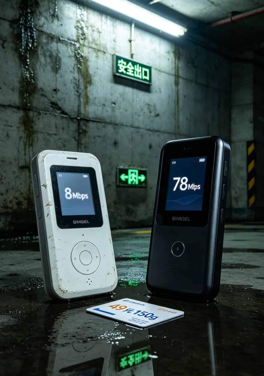 49元150g流量卡配啥随身WiFi?我在信号烂的地方蹲了三年,答案全在这 地下车库实测两种随身WiFi网速对比,左山寨机显示8Mbps,右旗舰机显示78Mbps