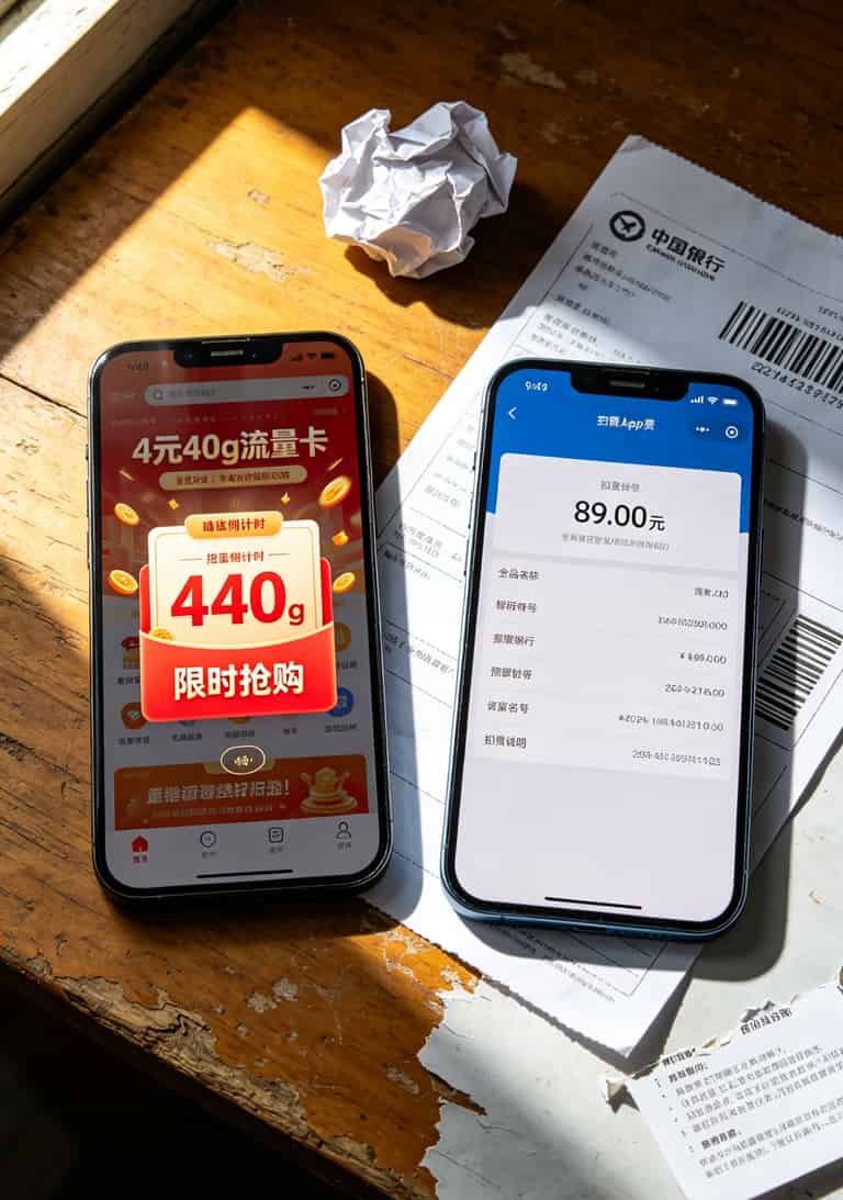 4元40g流量卡宣传截图和真实账单对比
