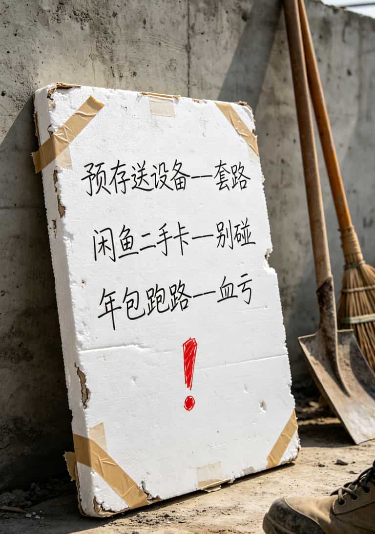 流量怎么算最划算?我花了3年冤枉钱,终于搞懂了(附避坑清单) 骗局套路总结图,包含“预存送设备”“闲鱼二手卡”“年包跑路”三个警示牌