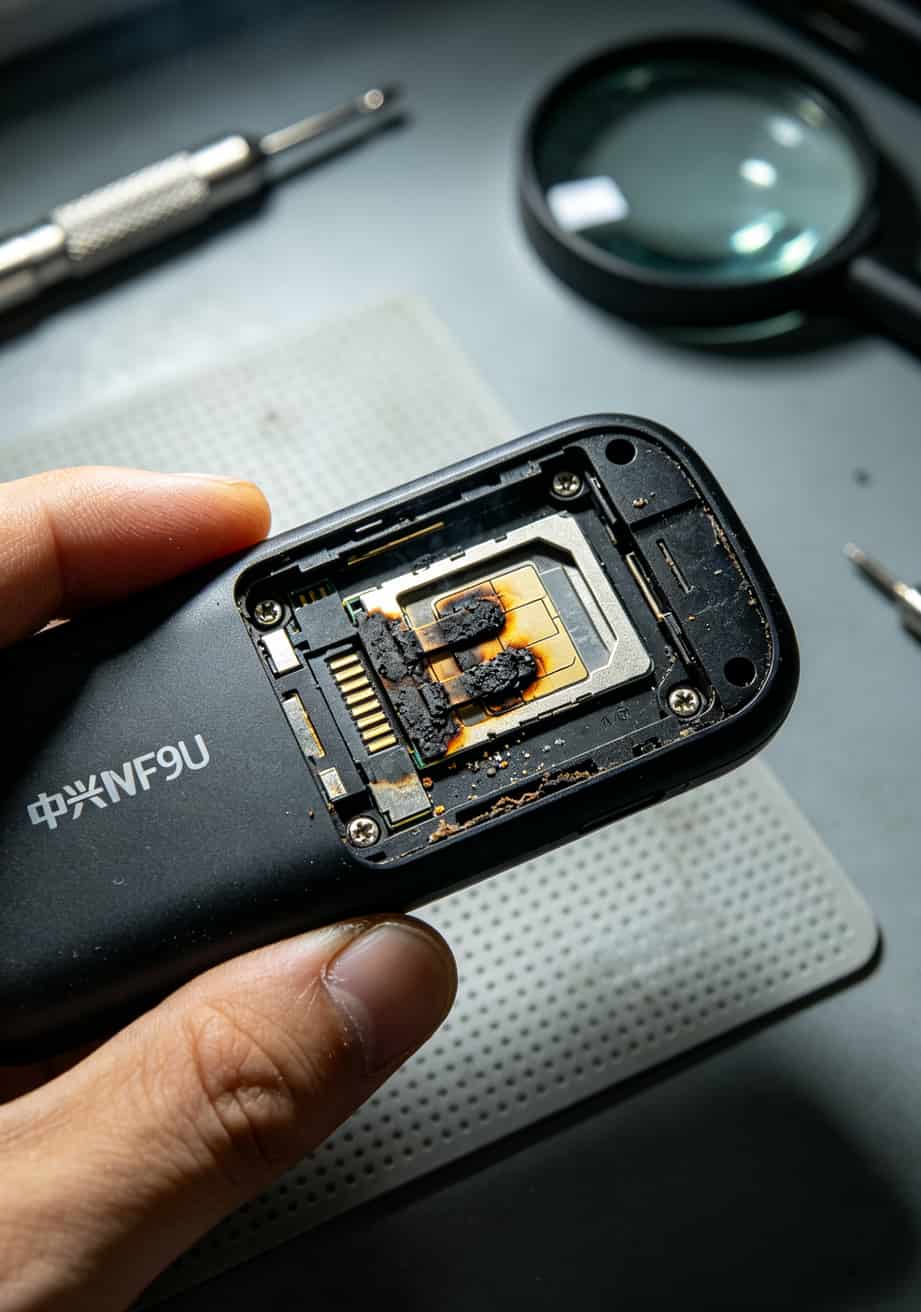 4g流量卡怎么办理?中兴随身WiFi用户折腾6张卡后的最终答案 中兴MF79U随身WiFi烧坏的SIM卡槽触点特写,金属簧片发黑
