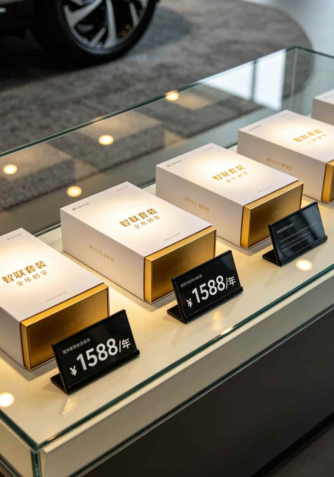 车联网流量卡是坑还是宝?你拿手机套餐对一下就知道了 4S店展示柜里摆放着包装精美的车联网流量卡套餐,价格标签清晰可见1588元