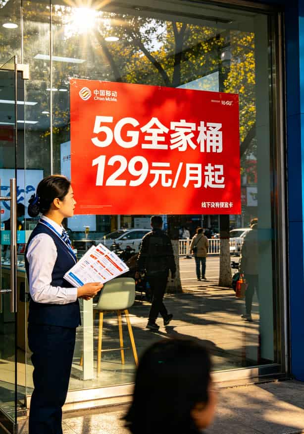 19元套餐移动流量卡,我买了三张实测:告诉你哪张能买哪张是坑 广州天河某移动营业厅门口,玻璃上贴着5G全家桶129元起的大幅海报
