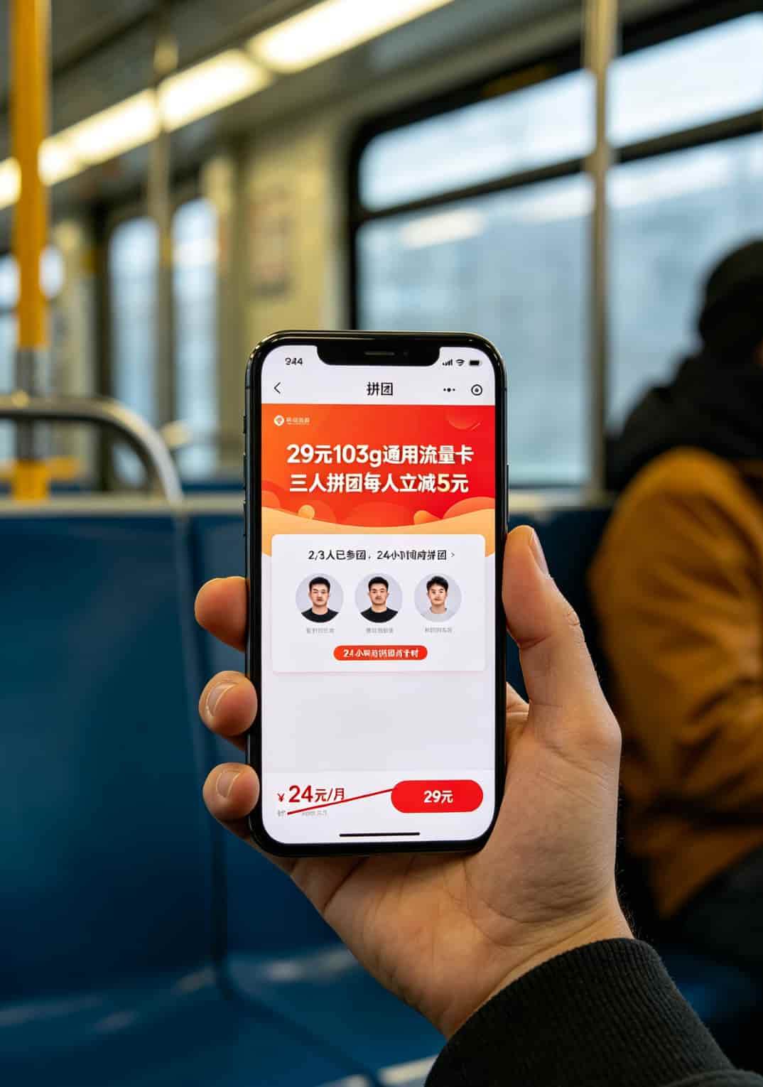 月租29块103个G,我把用了两年的手机热点换成了中兴随身WiFi(附真实账单) 拼团页面截图,三人成团每人减5元