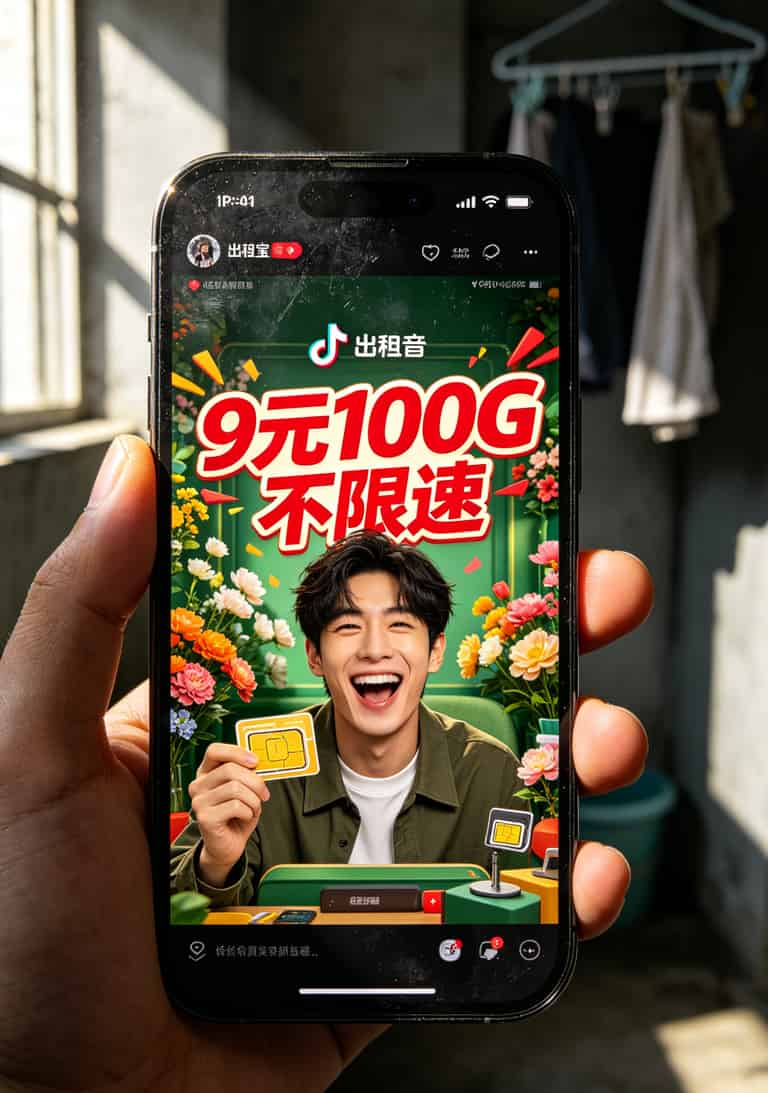 换了11张流量卡,我才找到真能用的“5g纯通用流量卡”(导语附避坑口诀) 抖音上虚假流量卡广告截图,红色大字写着9元100G