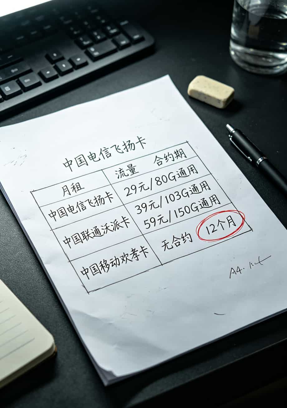 换了11张流量卡,我才找到真能用的“5g纯通用流量卡”(导语附避坑口诀) 三大运营商流量卡对比表格,列出月租、流量、合约期