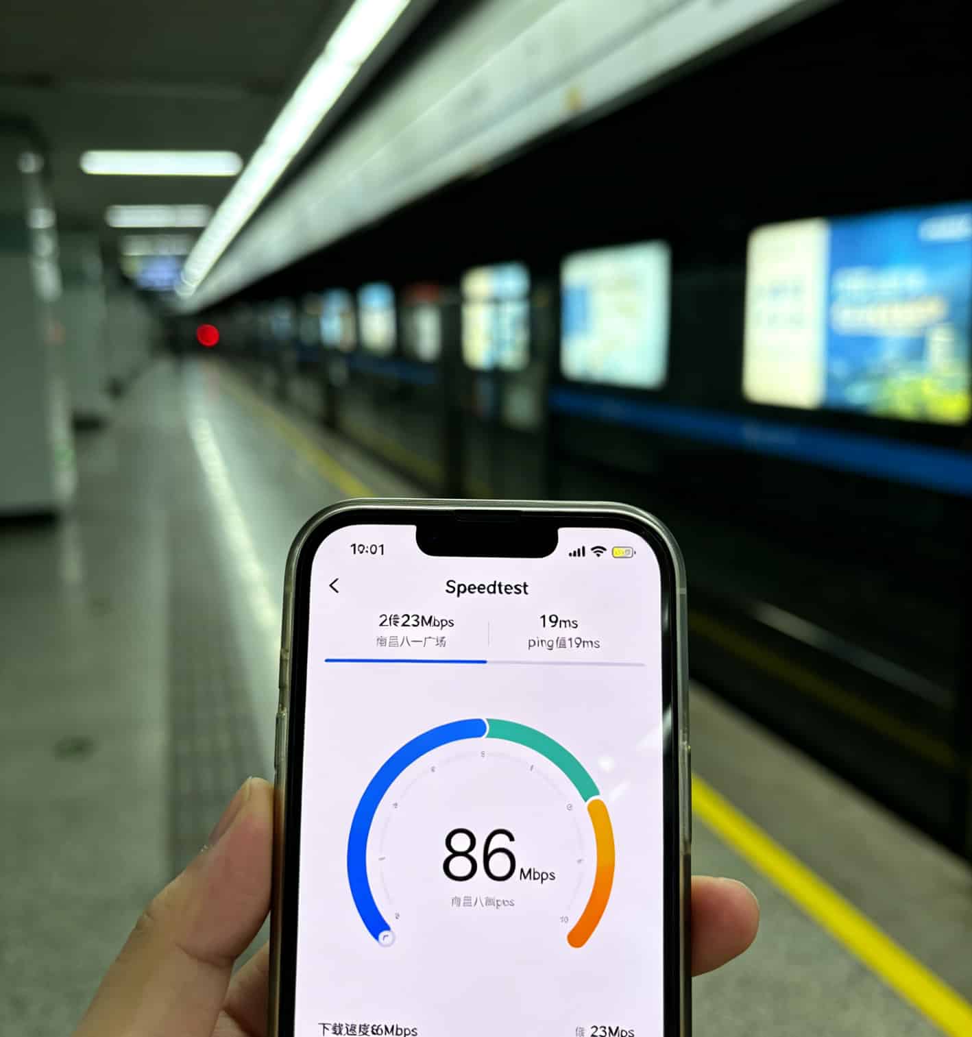 在南昌八一广场地铁站台用手机测速的截图，显示下载速度86Mbps