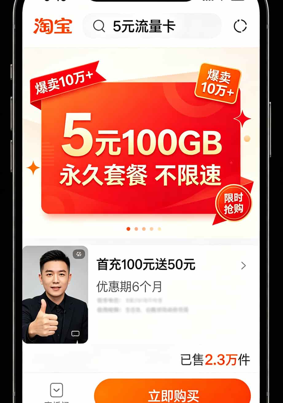 中兴随身WiFi到期别续费!2026年5元流量卡套餐推荐(真实踩坑账本) 淘宝和抖音上低价流量卡广告截图,标价5元100GB