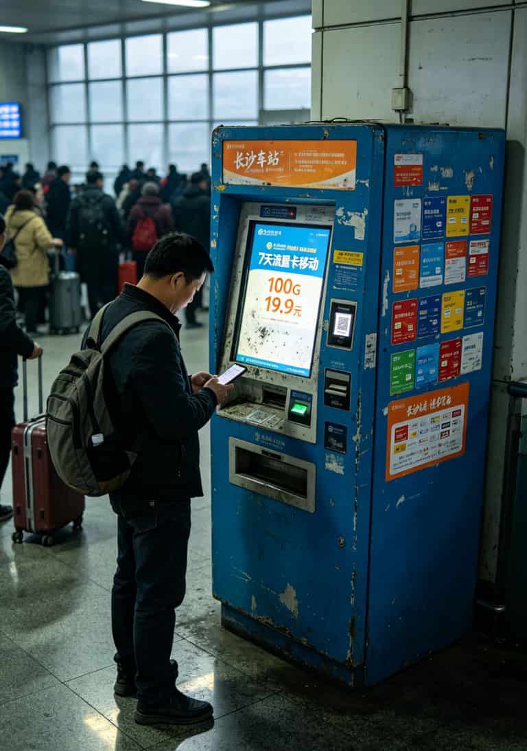 7天流量卡移动避坑指南:被坑800块后,我总结出这些经验 长沙火车站自动贩卖机上售卖的各种随身WiFi流量卡