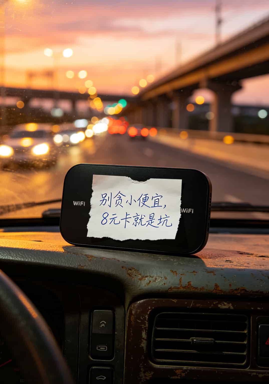 8元的月租卡有流量吗?实测4台随身WiFi后我直接把答案甩给你 老李手写“别贪小便宜”的便签贴在随身WiFi上
