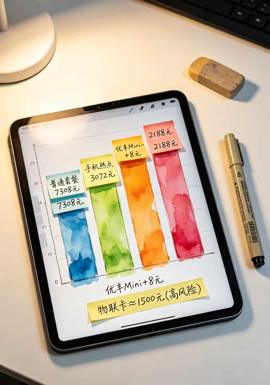 8元流量卡申请前先看这篇!优丰优度优讯我全拆了,实测俩月有些真相反正你猜不到 三年四种方案对比柱状图(普通套餐7千+、手机热点3千+、优丰Mini2188、物联卡1500但有风险)