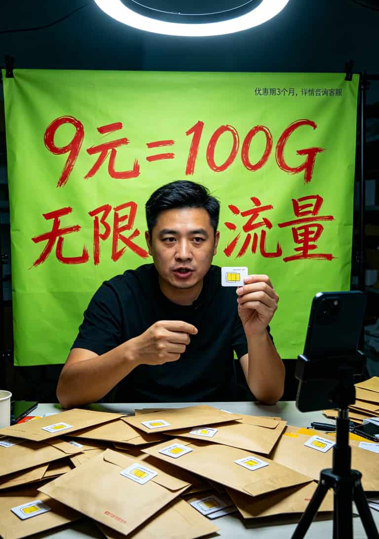 2021电信流量卡推荐,说句难听的市面上九成攻略都是广告(真人实测避坑版) 线上直播间卖流量卡的夸张宣传截图,9元100G字体巨大,小字看不清