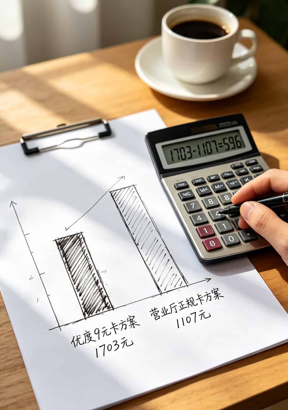 9块月租流量卡是真的吗?我烧了4台随身WiFi告诉你答案 年度费用对比柱状图,1703元vs1107元