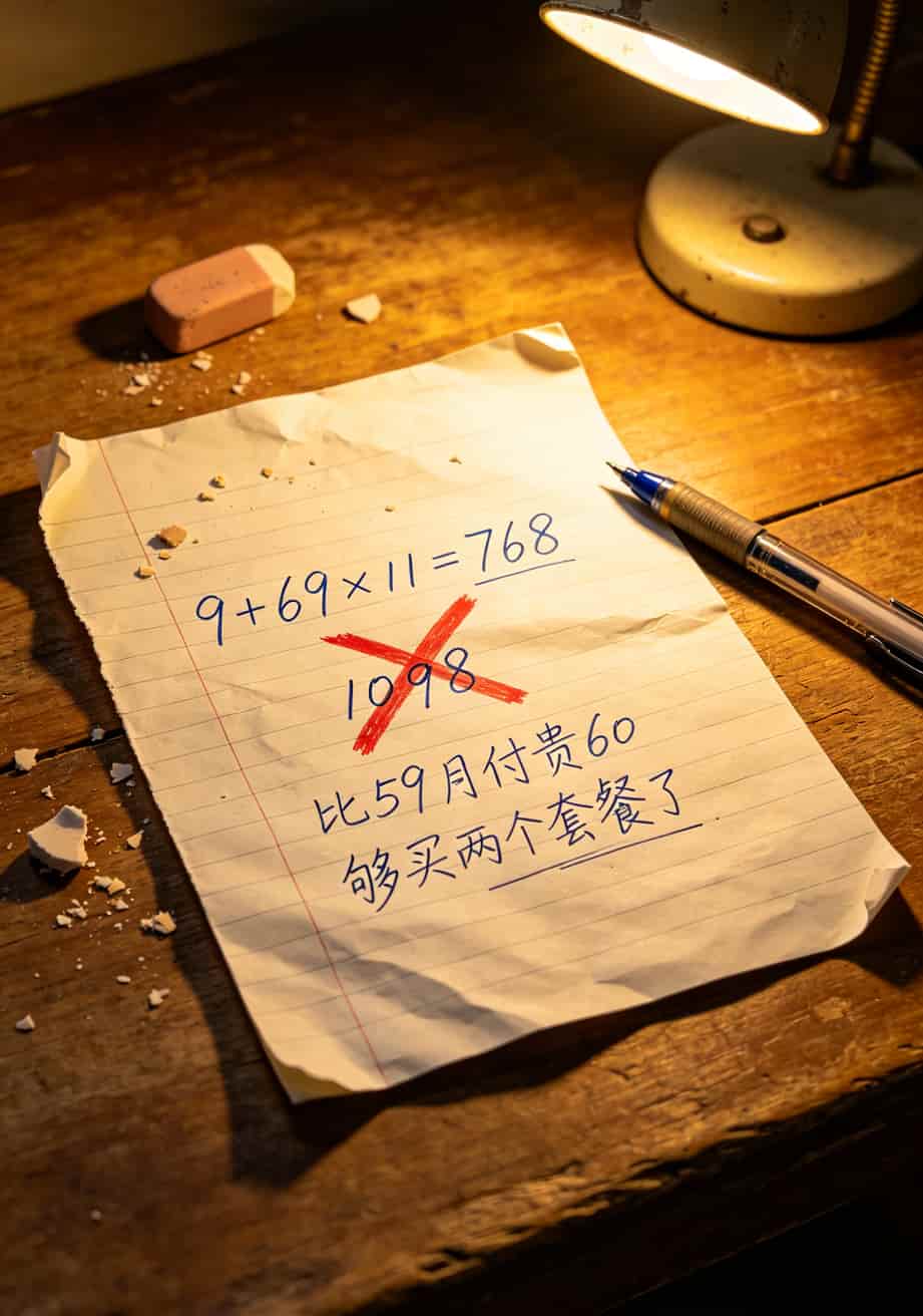 9元200g流量卡是什么套路?我替你们踩了3次坑,亏了1000块才弄明白 手写计算草稿,写着9+69×11=768,旁边画了个叉