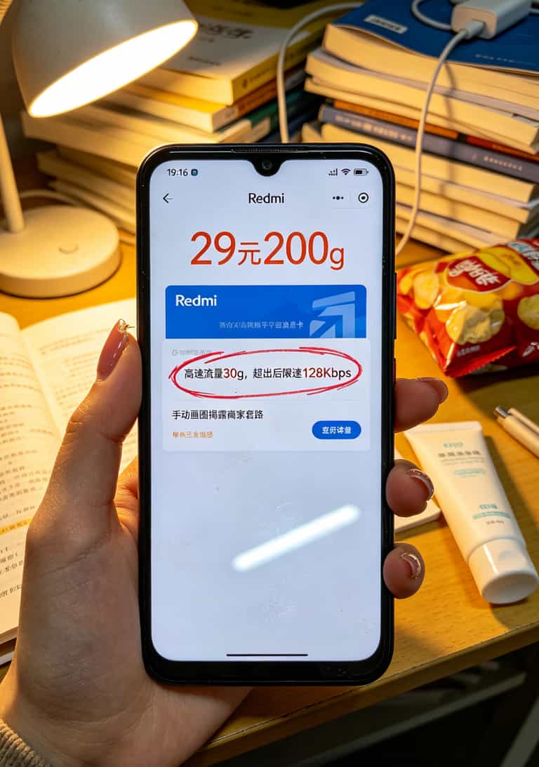 电商平台流量卡详情页截图，红圈标出小字“高速流量30g，超出后限速128Kbps”