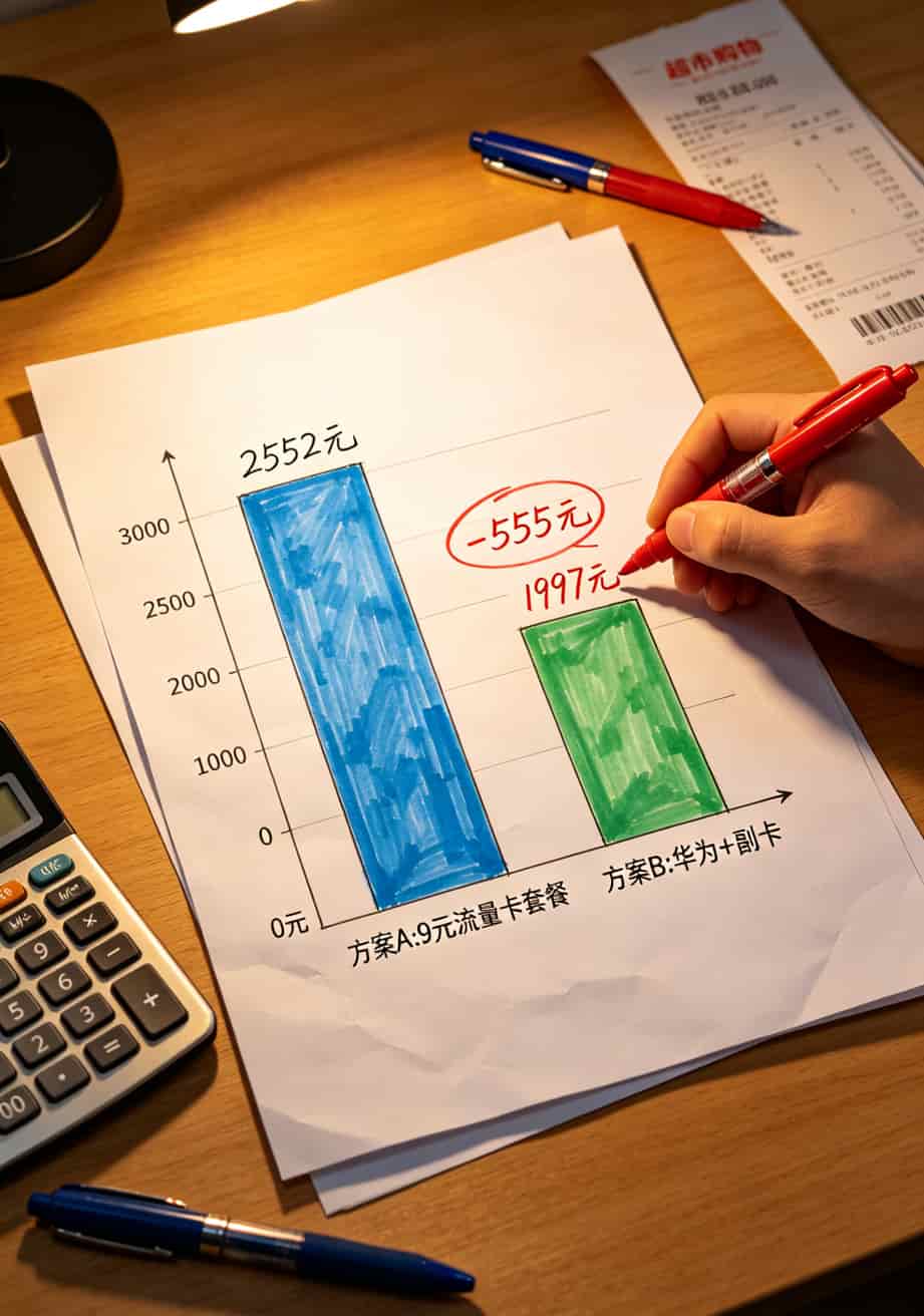 花300块修完电脑,我才明白那个9元10g流量卡是个无底洞 两种方案年花费对比的柱状图