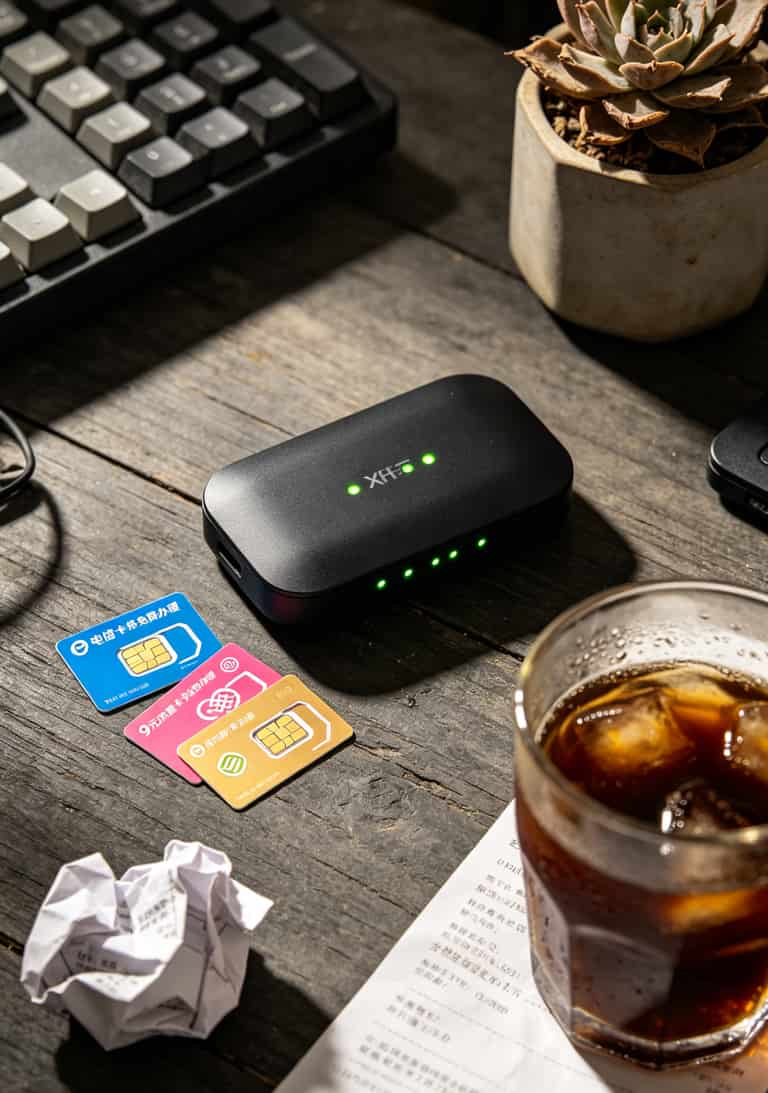 9元流量卡免费办理?折腾两年中兴随身WiFi,我劝你别贪这便宜 中兴MF932随身WiFi与三张不同运营商流量卡摆放在桌面上