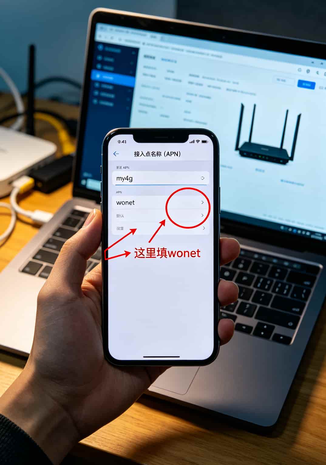 手机APN设置界面截图，标注关键步骤