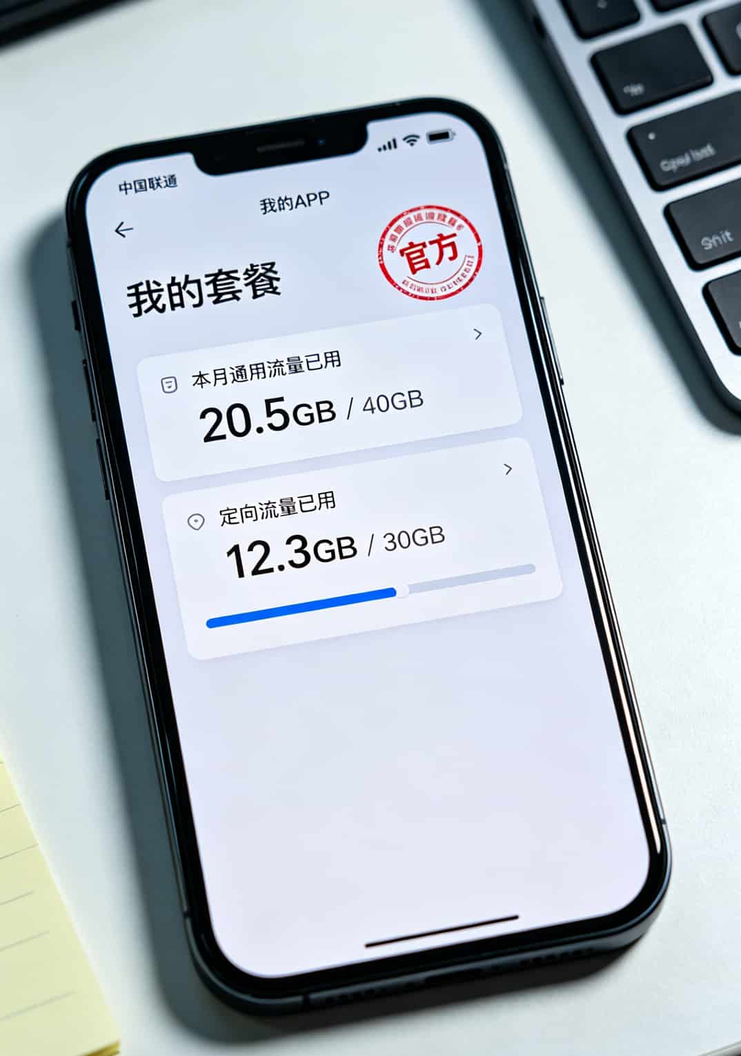 联通官方APP流量查询界面，显示已用20.5GB