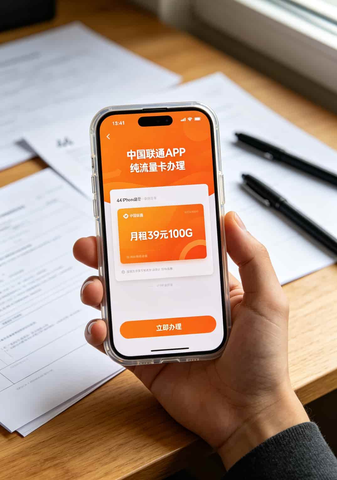 sim流量卡怎么办理?别再交199块学费了,我替你踩过8个坑 联通APP纯流量卡办理页面的手机截图,显示月租39元100G