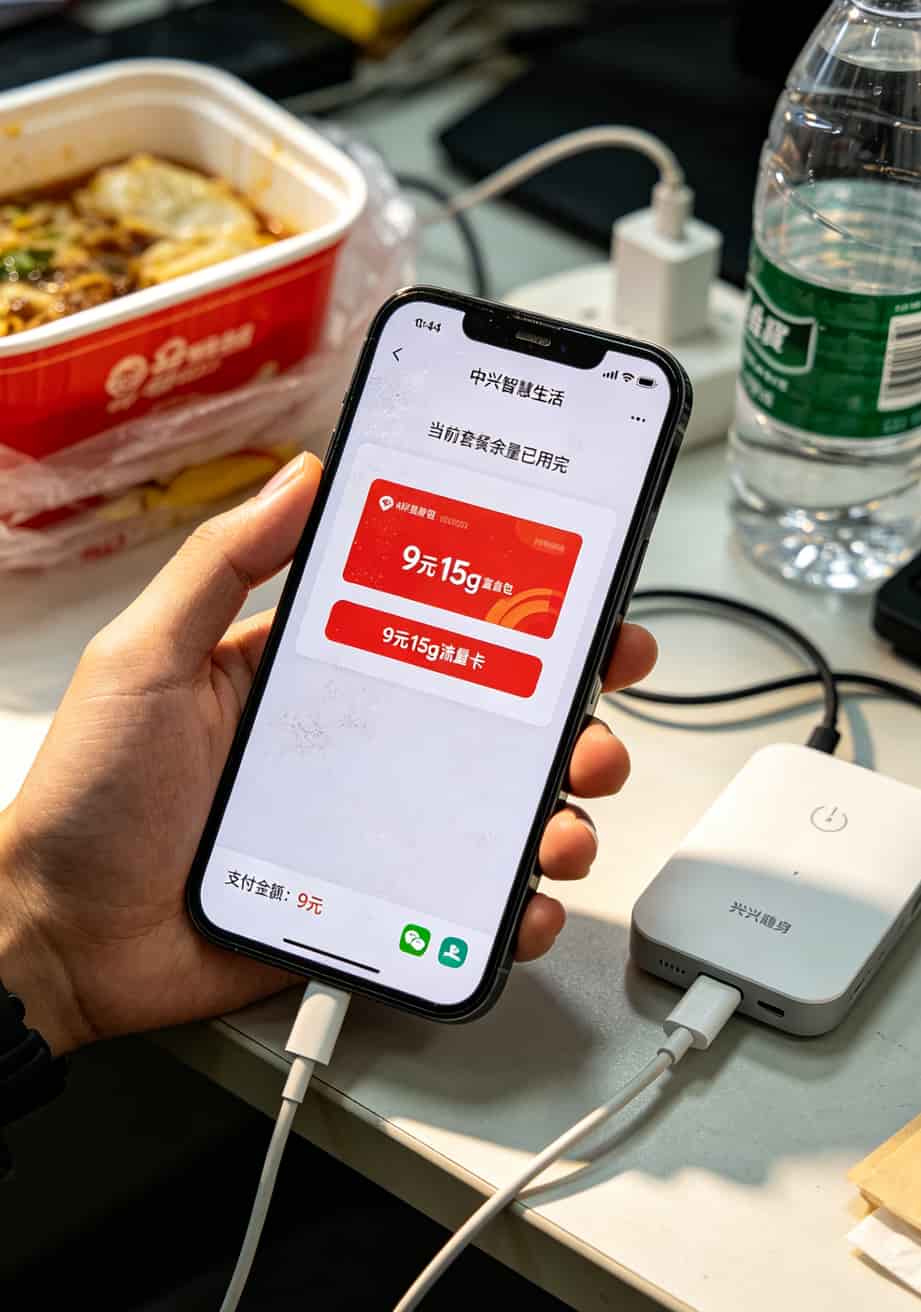 中兴随身WiFi配9元15g流量卡,实测半年省下一顿火锅钱 中兴智慧生活APP界面,显示流量叠加包购买页面