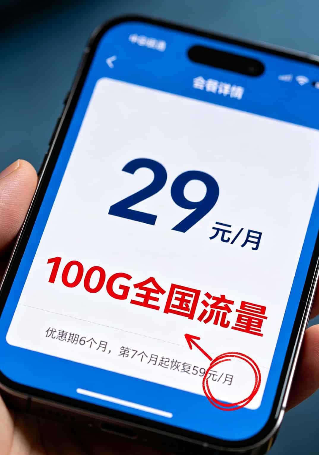 办流量卡哪里正规?踩了3次坑亏了800块,我只信这2个地方 运营商APP套餐详情页,红色箭头指向小字“优惠期6个月”