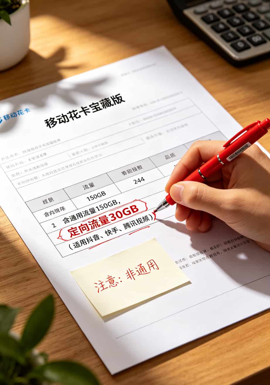 北京什么流量卡便宜?我天通苑住5年换了11张卡,实话都在这了 移动花卡宝藏版套餐详情截图,标注通用流量和定向流量区别