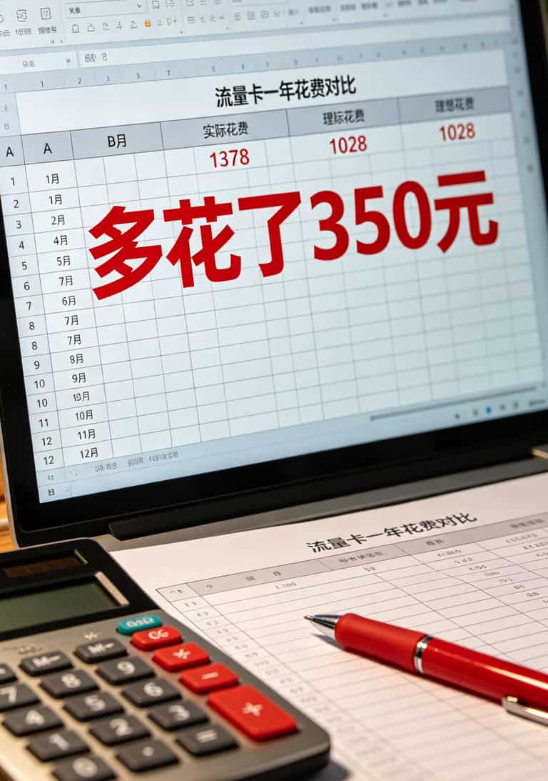 19元流量卡联通不限量,一年花了1378块后,我劝你先看这篇 Excel表格截图,对比一年实际花费与理想花费,差额350元